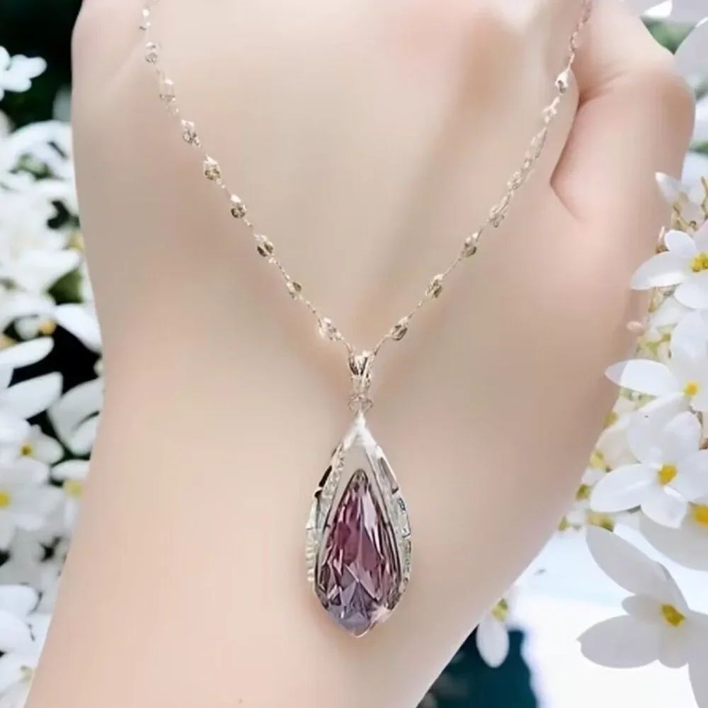 Vibrant Purple Crystal Teardrop Necklace Accented by V-Shape Rhinestones